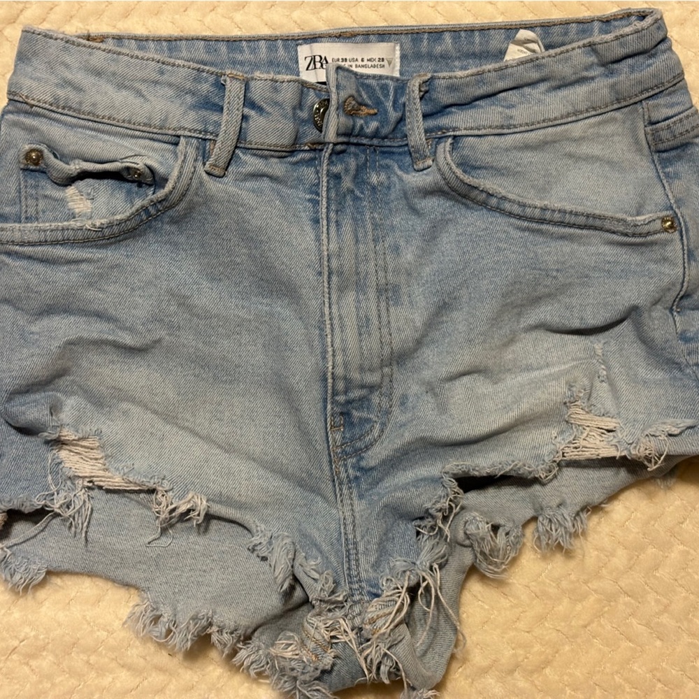 Zara Faded Blue Ripped Jean Shorts